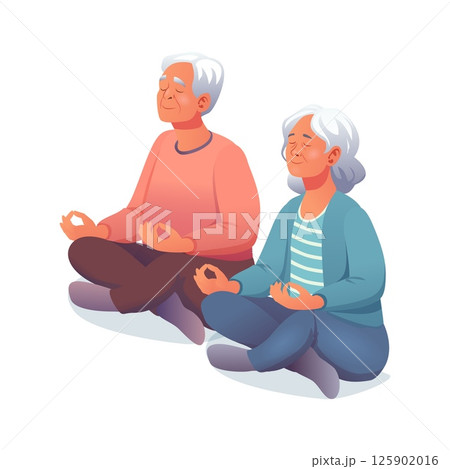 Senior couple meditating together in lotus pose with closed eyes and peaceful expressions elderly man and woman practicing mindfulness and relaxation seated on floor isolated on white background Senior couple meditating together in lotus pose with closed eyes and peaceful expressions elderly man and woman practicing mindfulness and relaxation seated on floor isolated on white background 125902016