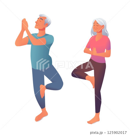 Senior couple doing yoga tree pose with calm expressions barefoot elderly man and woman practicing balance and mindfulness exercises together isolated on white background Senior couple doing yoga tree pose with calm expressions barefoot elderly man and woman practicing balance and mindfulness exercises together isolated on white background 125902017