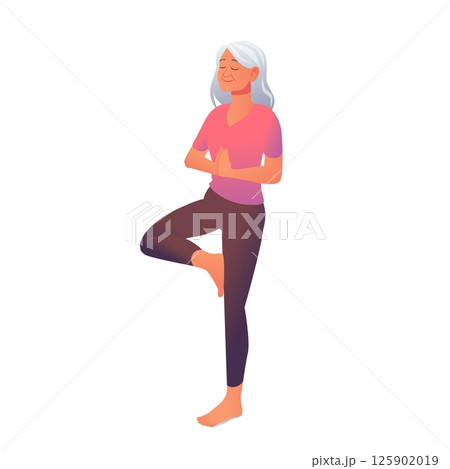Senior woman doing yoga tree pose with eyes closed and peaceful expression barefoot elderly female practicing balance exercise in comfortable clothes isolated on white background 125902019