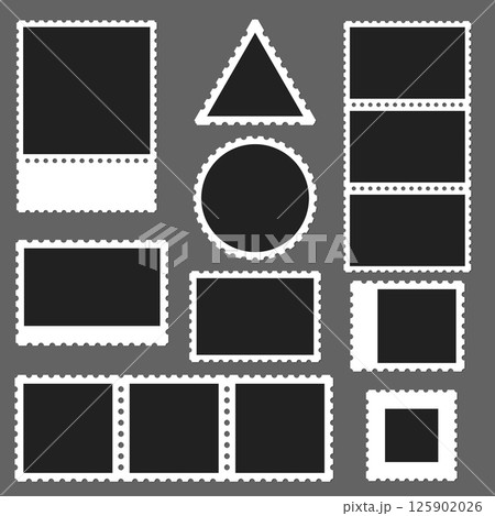 Postage stamp photo frame set with round square rectangle and triangle shapes isolated on dark background editable blank templates for collage scrapbooking retro postal design 125902026