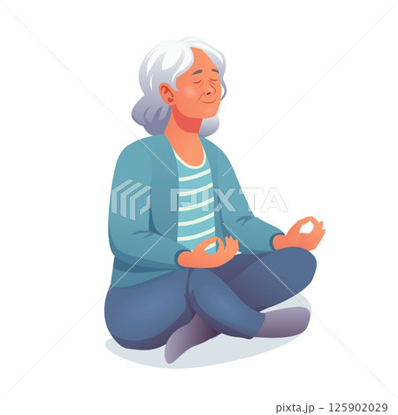 Senior woman with gray hair practicing meditation in lotus pose sitting cross legged calm peaceful elderly lady doing yoga mindfulness exercise on floor isolated on white background illustration 125902029