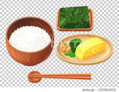 Watercolor illustration set of white rice, seaweed, tamagoyaki, and chopsticks AI generation Watercolor illustration set of white rice, seaweed, tamagoyaki, and chopsticks AI generation 125902052