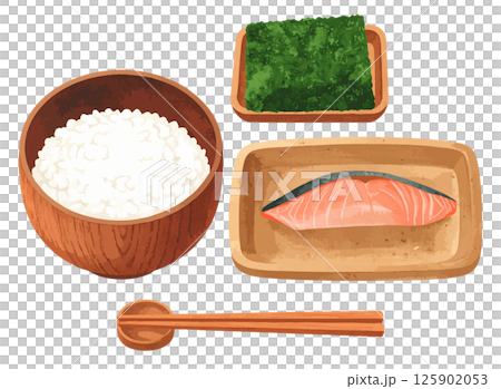白飯、海藻、烤鮭魚、筷子的水彩插圖集AI生成 白飯、海藻、烤鮭魚、筷子的水彩插圖集AI生成 125902053