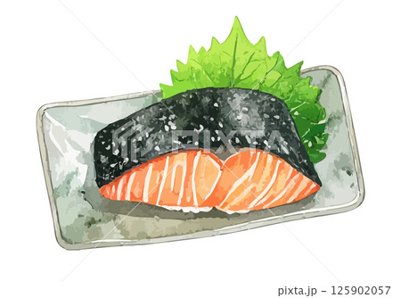 器に乗ったシャケの水彩風イラスト　生成AI 125902057