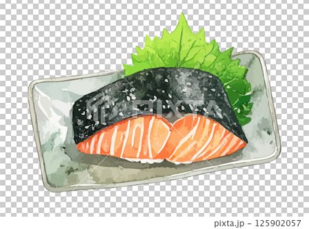 器に乗ったシャケの水彩風イラスト　生成AI 125902057