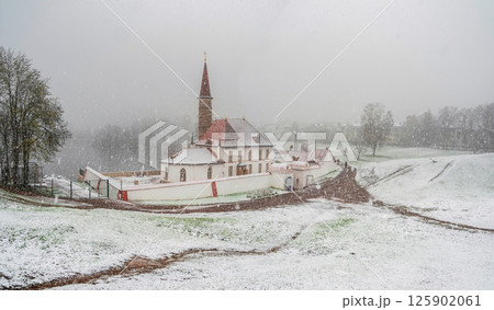 Gatchina Priory Palace in spring. Heavy snowfall 125902061
