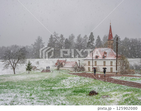 spring snowfall, a sudden blizzard in the Gatchina park spring snowfall, a sudden blizzard in the Gatchina park 125902080