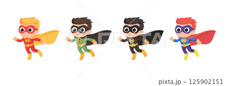 Flat Cartoon Vector Cute Superhero Kids Set. Cartoon Boys in Colorful Superhero Costumes and Capes, Flying Child Heroes for Comics, Children Book. Superhero Birthday, Kids Art Design 125902151