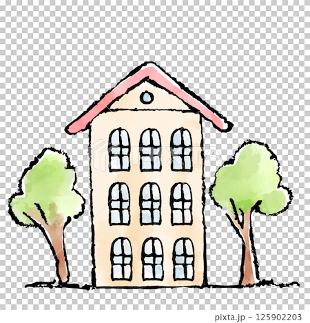 窓が沢山ついた赤い屋根の家の手描きイラスト 125902203