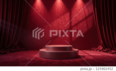 dramatic red stage with spotlighting illuminates circular podium, surrounded by luxurious red curtains and textured walls, creating elegant and theatrical atmosphere. 125902452