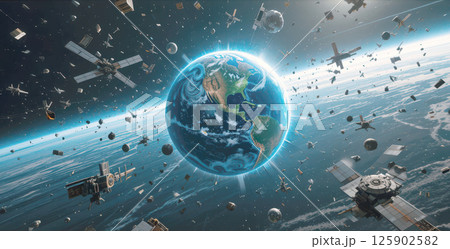 Earth surrounded by space debris, satellites, and asteroids in orbit 125902582