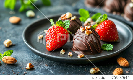 A close-up of a black plate with chocolate-covered strawberries on it. Scattered around are individual nuts and mint leaves.	 125902644