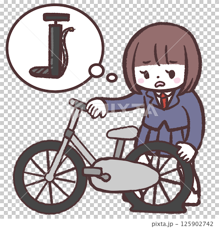 Illustration of a female student having trouble with a flat tire 125902742