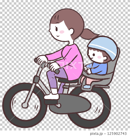 Illustration of a mother riding a bicycle with her child on the back 125902743