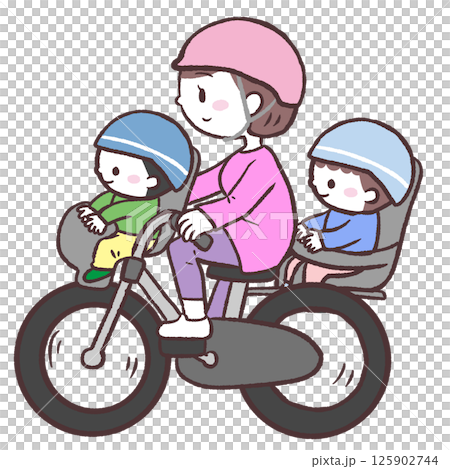 Illustration of a mother riding a bicycle with children on the front and back 125902744