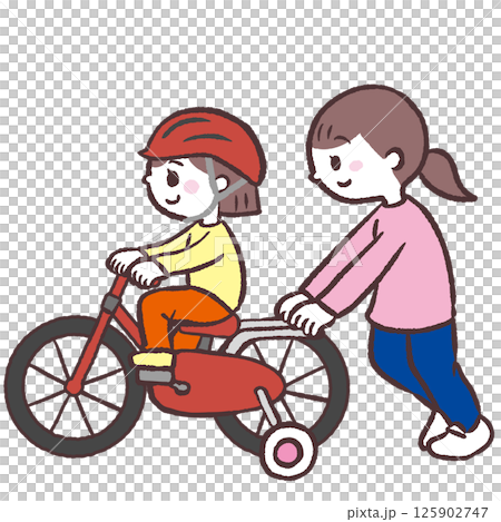 一個女孩和她媽媽練習騎自行車的插圖 125902747