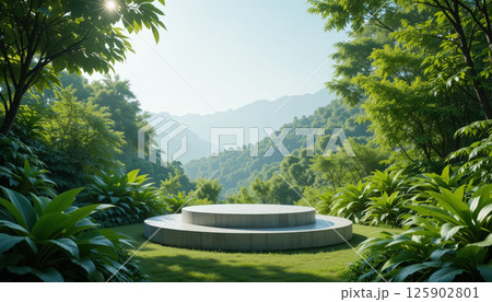 serene outdoor scene featuring circular platform surrounded by lush greenery and mountains background, evoking tranquility and serene outdoor scene featuring circular platform surrounded by lush greenery and mountains background, evoking tranquility and 125902801