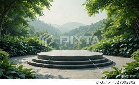 serene outdoor stage surrounded by lush greenery and mountains, perfect for events serene outdoor stage surrounded by lush greenery and mountains, perfect for events 125902802