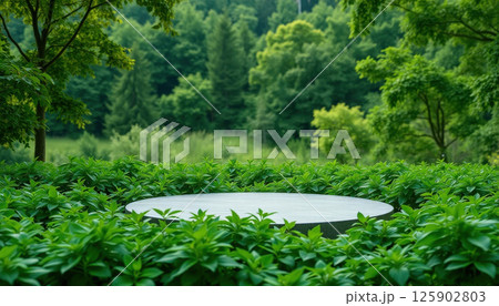 circular stone table surrounded by lush green foliage in serene forest setting circular stone table surrounded by lush green foliage in serene forest setting 125902803