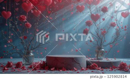 Romantic scene with heart decorations, roses, and soft lighting 125902814