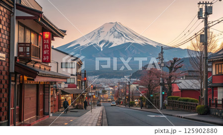 serene view of Japanese city with Mount Fuji in background, showcasing traditional architecture and peaceful sunset ambiance serene view of Japanese city with Mount Fuji in background, showcasing traditional architecture and peaceful sunset ambiance 125902880