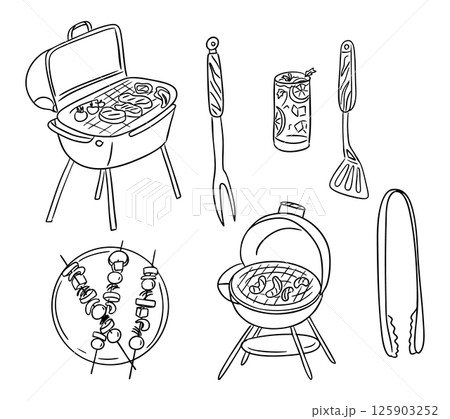 Barbecue-themed doodle set with grills, utensils, skewers, and a summer drink in black and white. Fun hand-drawn collection perfect for cookout invitations and summer food illustrations 125903252
