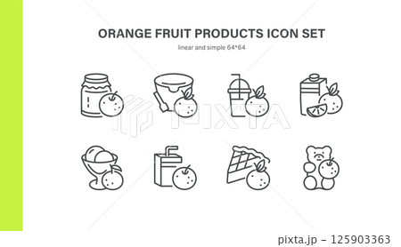 Orange Fruit Products Icon Set. Thin Line Illustrations of Marmalade Jars, Yogurt Cups, Smoothies, Juice Cartons, Ice Cream Desserts, Candies and Pie Slices for Citrus Confectionery Concepts 125903363