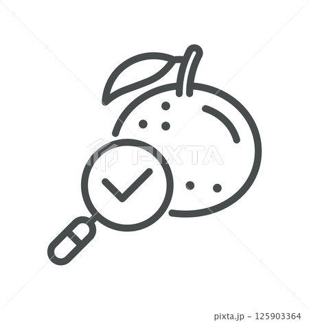 Orange Quality Check Icon. Simple Line Illustration of Citrus Inspection with Magnifying Glass and Check Mark, Representing Certified Produce Safety and Quality Control. 125903364