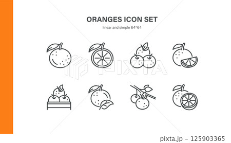 Orange Elements Icon Set. Thin Line Illustrations of Juice Boxes, Jars, Smoothies, Candy, Ice Cream, Citrus Pie, and Orange Products for Food Packaging, Grocery, and Citrus-Based Desserts Orange Elements Icon Set. Thin Line Illustrations of Juice Boxes, Jars, Smoothies, Candy, Ice Cream, Citrus Pie, and Orange Products for Food Packaging, Grocery, and Citrus-Based Desserts 125903365