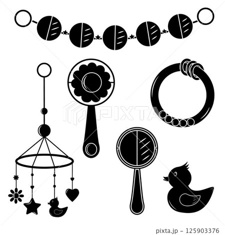 Set of rattle toys for children, black silhouette stencil, isolated vector illustration on a white background 125903376