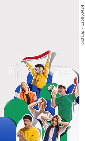 Emotional sports fans displaying excitement, worry, and shouting with scarves and megaphone, set against white background. Team support 125903424