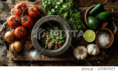 Fresh salsa ingredients.Rustic kitchen scene with fresh tomatoes, cilantro, jalapenos, onions, garlic, lime, and avocado surrounding stone mortar filled with salsa. 125903425