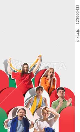 Emotional sports fans showing excitement, worry, and shouting with scarves, set against white background with red and green shapes 125903432