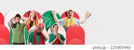Mixed group of young fans in red, green, white, yellow clothes showing happiness, excitement and disappointment over game result. 125903440