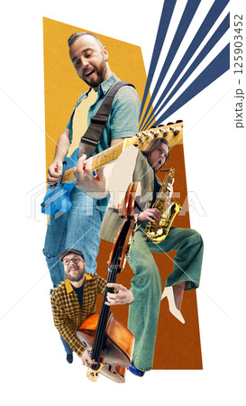 Musicians playing electric guitar, saxophone, and double bass in a vibrant composition. Contemporary art collage. 125903452