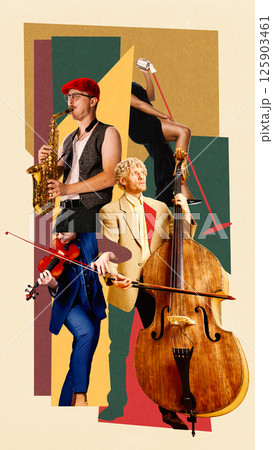 Blend of classic and contemporary. Musicians playing saxophone, violin, double bass, and a vocalist performing in creative composition. 125903461
