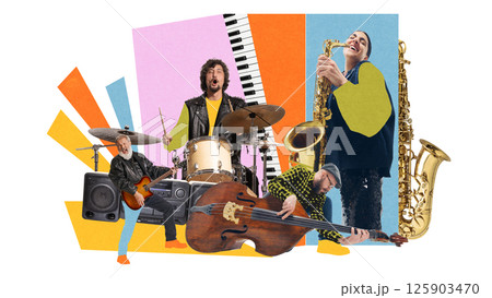 Band performing with drums, guitar, double bass, and saxophone amidst abstract shapes. Contemporary art collage. Band performing with drums, guitar, double bass, and saxophone amidst abstract shapes. Contemporary art collage. 125903470