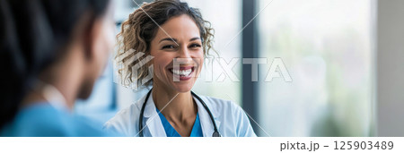 In a bright hospital room, a cheerful nurse helps a smiling patient with their check-up, creating a welcoming atmosphere of care and professionalism, banner 125903489