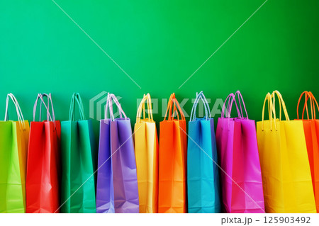 A stack of colorful shopping bags sits against a vibrant green background, showcasing a modern, clean design ideal for retail, fashion banners, or promotional flyers 125903492