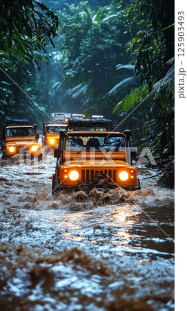 Mud flies as rugged trucks cross deep jungle stream, drivers push hard through harsh wet trail in a bold test of grit and off-road skill 125903493