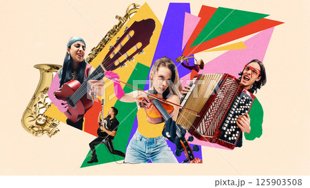Symphony of sound. Musicians playing saxophone, guitar, violin, and accordion in dynamic composition. Contemporary art collage. 125903508