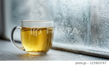 Warm Cup of Tea by a Frosty Window on a Winter Morning 125903747