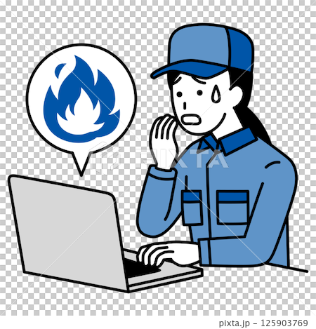 一位身穿工裝褲的女士（手持筆記型電腦）對社交網路上的口水戰感到困惑 125903769