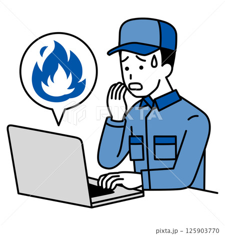 SNSが炎上して困惑しているつなぎ作業服の男性（ノートパソコン） 125903770