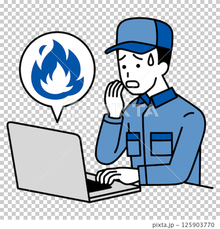 SNSが炎上して困惑しているつなぎ作業服の男性（ノートパソコン） 125903770