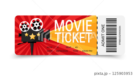 Movie ticket template design with retro movie camera on rays background. Movie ticket design. Vector illustration Movie ticket template design with retro movie camera on rays background. Movie ticket design. Vector illustration 125903953
