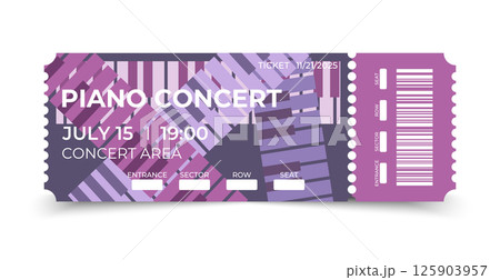 Piano concert ticket template design with piano keys pattern. Music concert coupon. Vector illustration 125903957