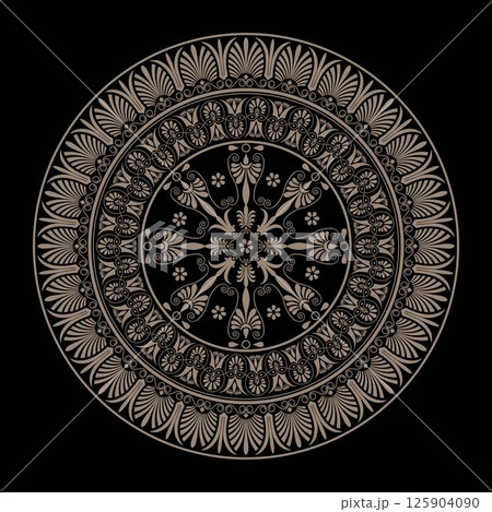 Vector golden classic Greek round porcelain plate. Circle plate of Ancient Greece, Roman Empire. Byzantine painting. For decoration of European palaces, ceramic, textile, embroidery, porcelain, plate 125904090