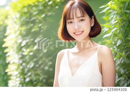 緑の森林にいる若い女性 125904108