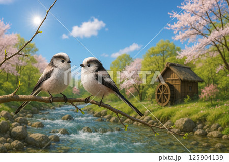 若葉と新緑の水辺の木の枝にエナガが2羽 125904139